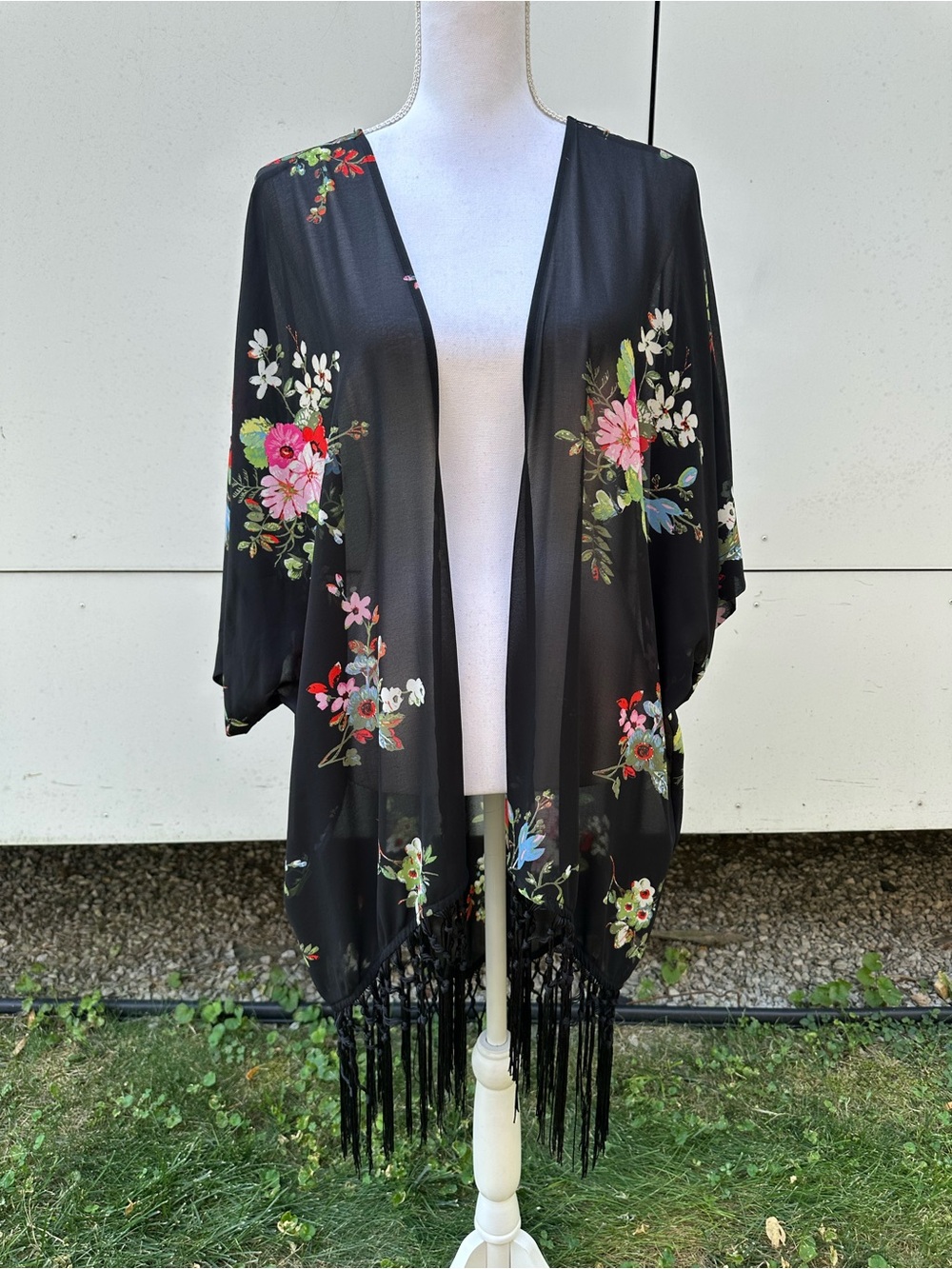 Xhilaration / Black & Floral Sheer Fringe Duster / Medium - Large / Whimsigoth